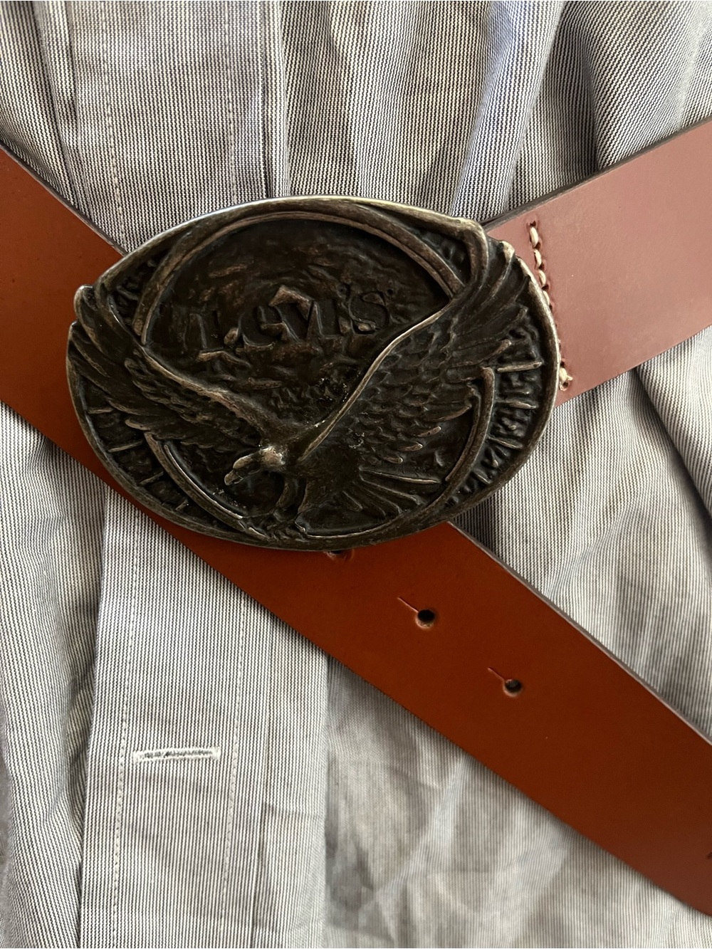Men's Leather Belt with Bronze Eagle Buckle - Brown